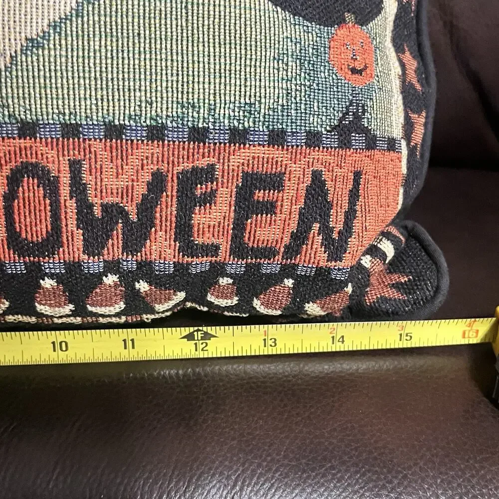 Vintage Halloween Black Cat Jack O Lantern Tapestry Throw Pillow 15x11 Decor
